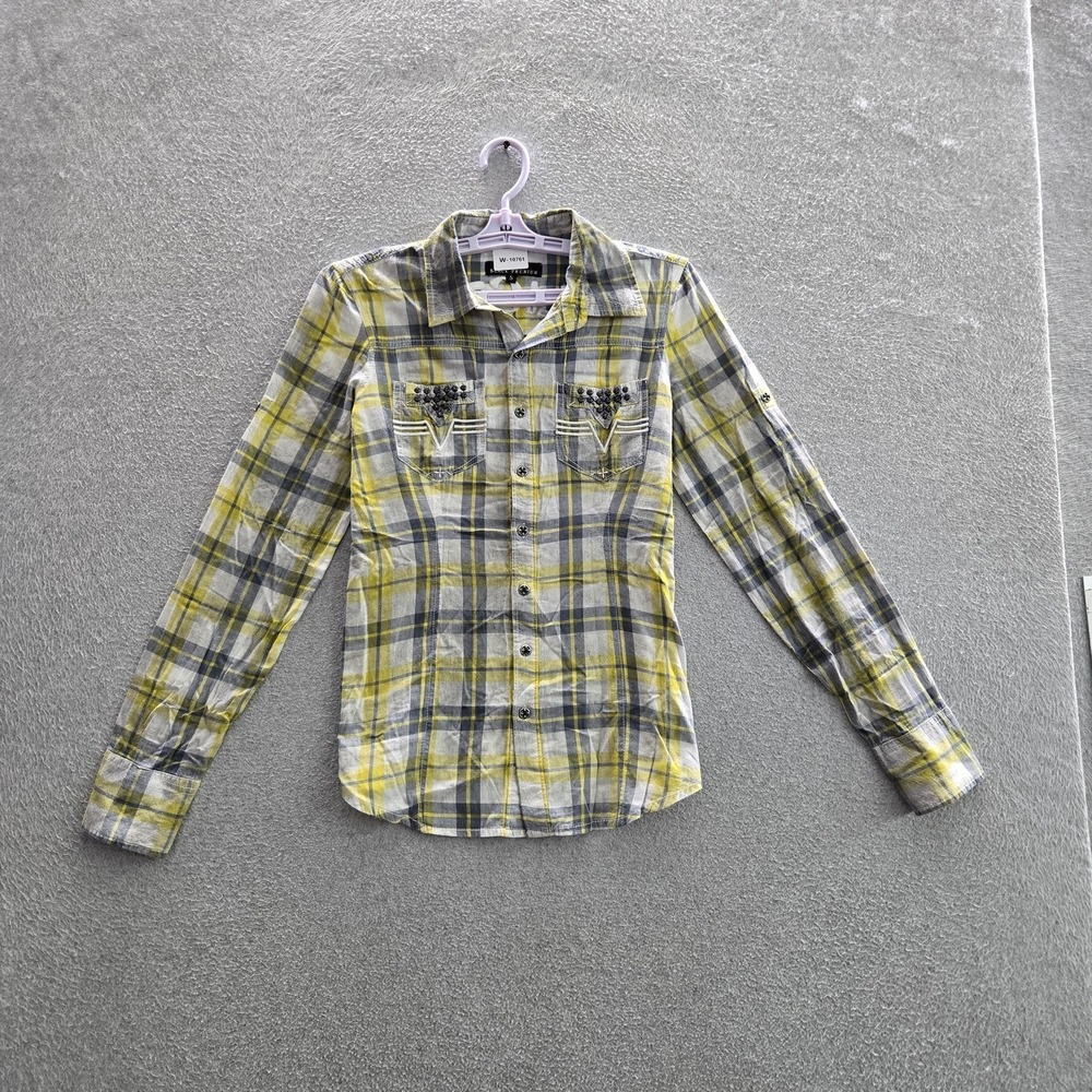 Affliction Black Premium Women Button Up Shirt S Yellow Plaid Western Embroider